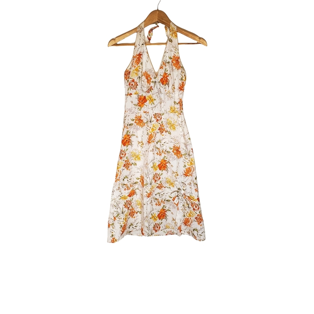 Springtime Song Orange, Green, Yellow and White Floral Print Halter Dress
